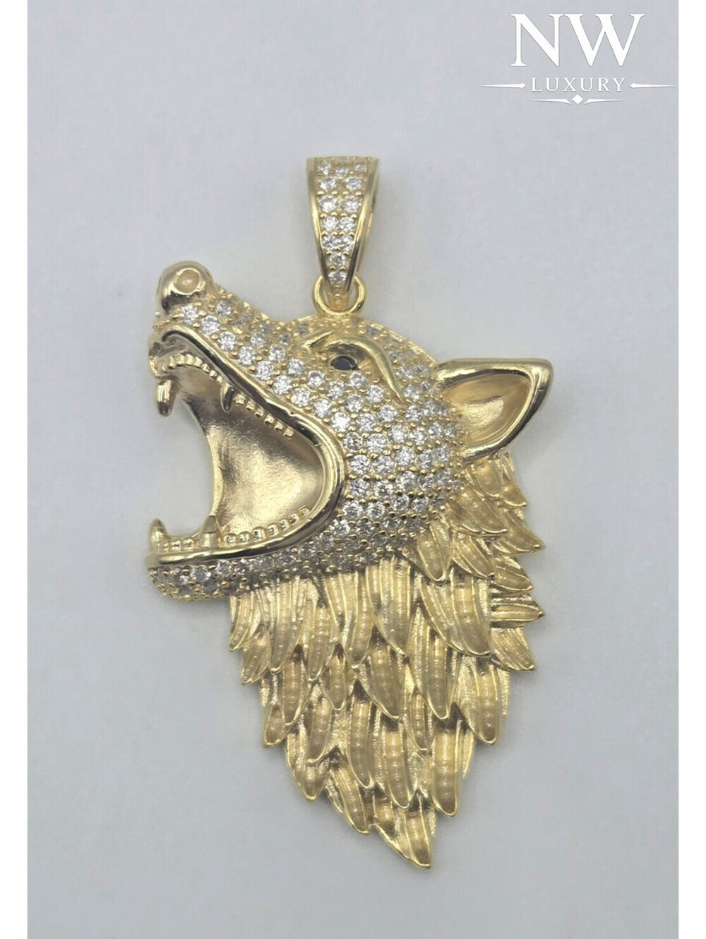 NEW Solid 925 Steling Silver 1.5CTW MOISSANITE Wolf Head Pendant, 14k Gold Over